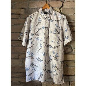 Chaps MENS SIZE LT Vented Fishing Button Shirt All Over Fish Print Beige